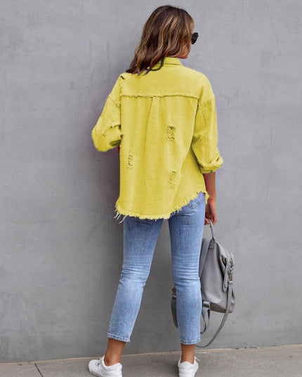 Distressed Drop Shoulder Denim Jacket - Trendsi