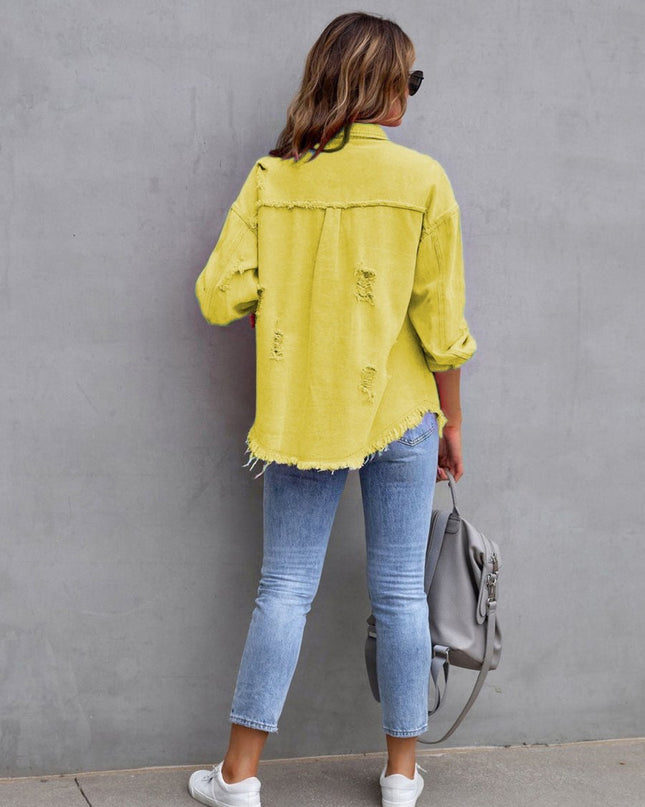 Distressed Drop Shoulder Denim Jacket - Trendsi