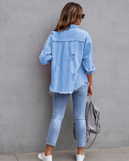 Distressed Drop Shoulder Denim Jacket - Trendsi