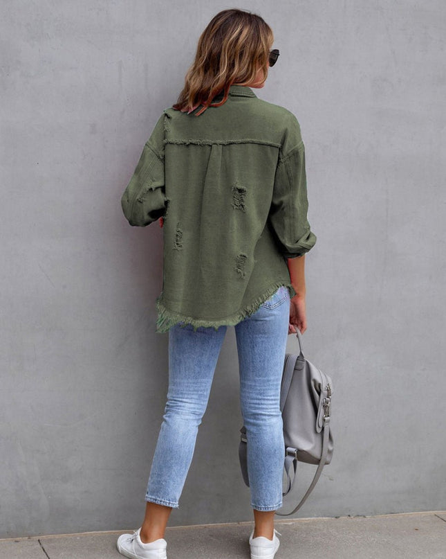 Distressed Drop Shoulder Denim Jacket - Trendsi