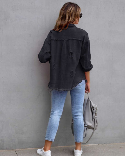 Distressed Drop Shoulder Denim Jacket - Trendsi