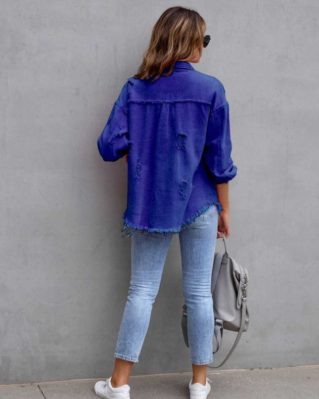 Distressed Drop Shoulder Denim Jacket - Trendsi