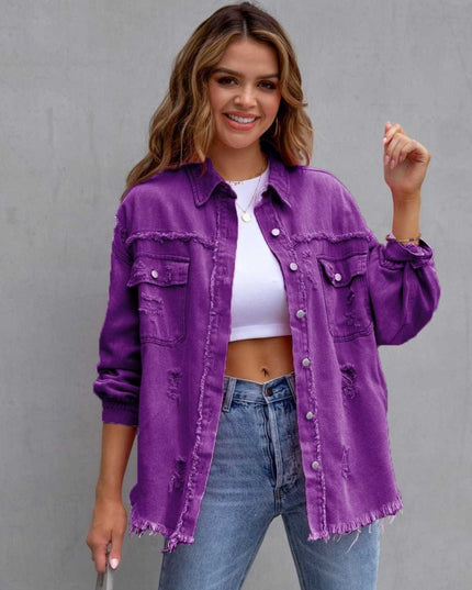 Distressed Drop Shoulder Denim Jacket - Trendsi