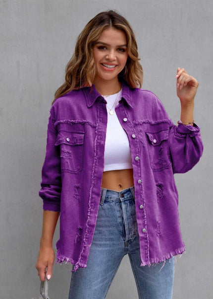 Distressed Drop Shoulder Denim Jacket - Trendsi