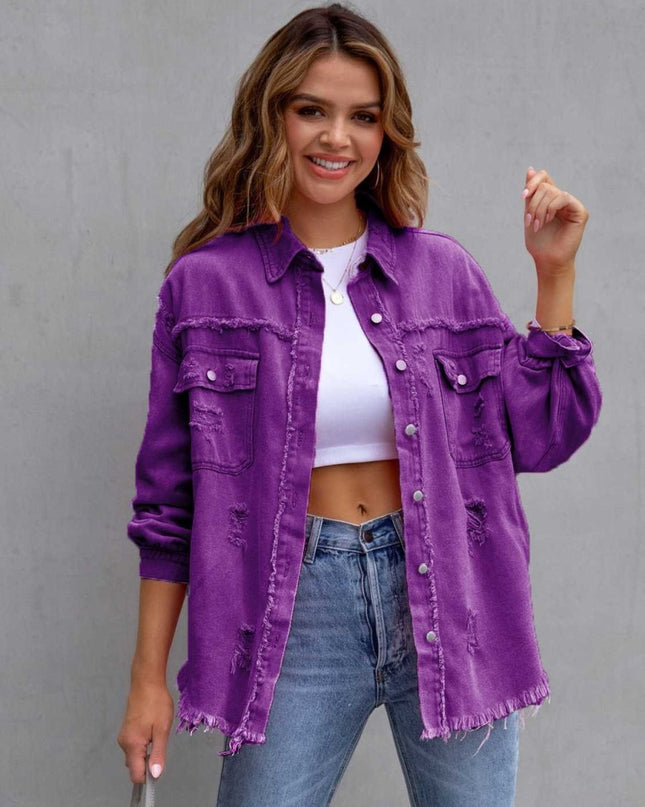 Distressed Drop Shoulder Denim Jacket - Trendsi