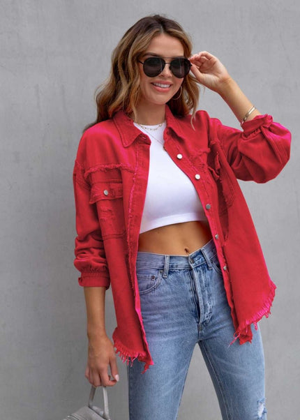 Distressed Drop Shoulder Denim Jacket - Trendsi