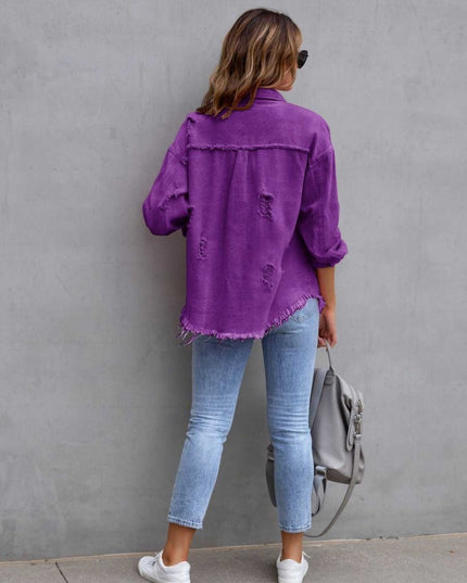 Distressed Drop Shoulder Denim Jacket - Trendsi
