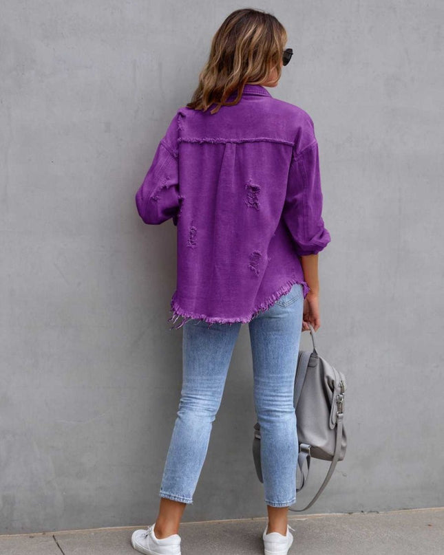 Distressed Drop Shoulder Denim Jacket - Trendsi