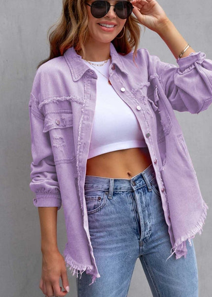 Distressed Drop Shoulder Denim Jacket - Trendsi