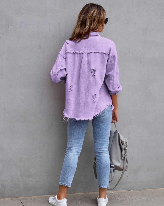 Distressed Drop Shoulder Denim Jacket - Trendsi
