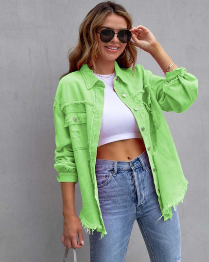 Distressed Drop Shoulder Denim Jacket - Trendsi