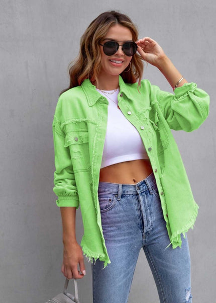 Distressed Drop Shoulder Denim Jacket - Trendsi