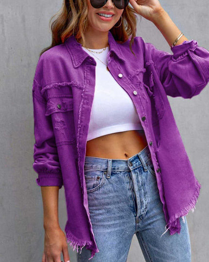 Distressed Drop Shoulder Denim Jacket - Trendsi