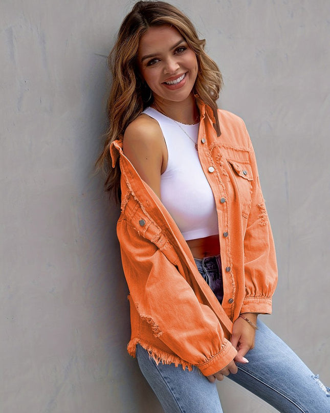 Distressed Drop Shoulder Denim Jacket - Trendsi