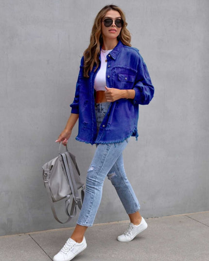 Distressed Drop Shoulder Denim Jacket - Trendsi
