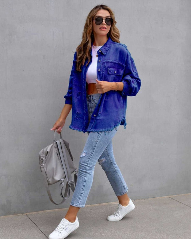 Distressed Drop Shoulder Denim Jacket - Trendsi