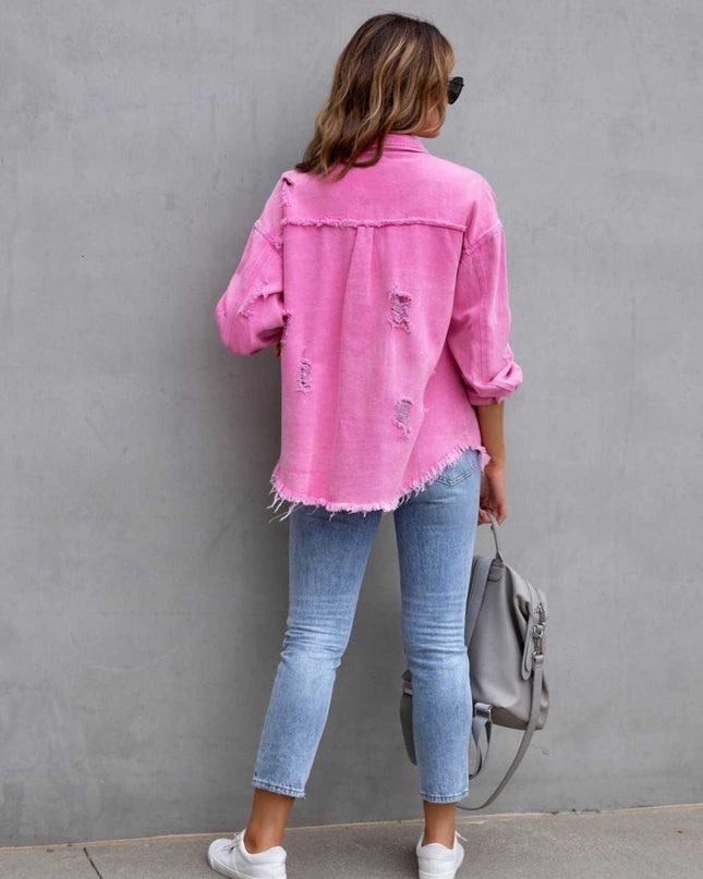 Distressed Drop Shoulder Denim Jacket - Trendsi