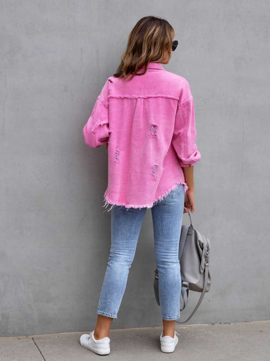 Distressed Drop Shoulder Denim Jacket - Trendsi