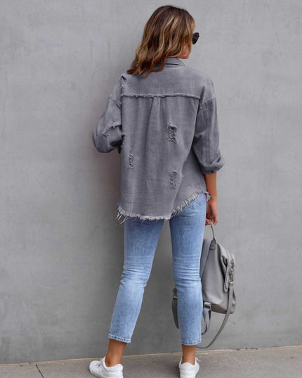 Distressed Drop Shoulder Denim Jacket - Trendsi