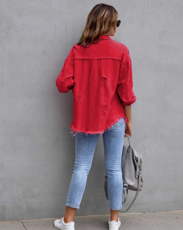 Distressed Drop Shoulder Denim Jacket - Trendsi