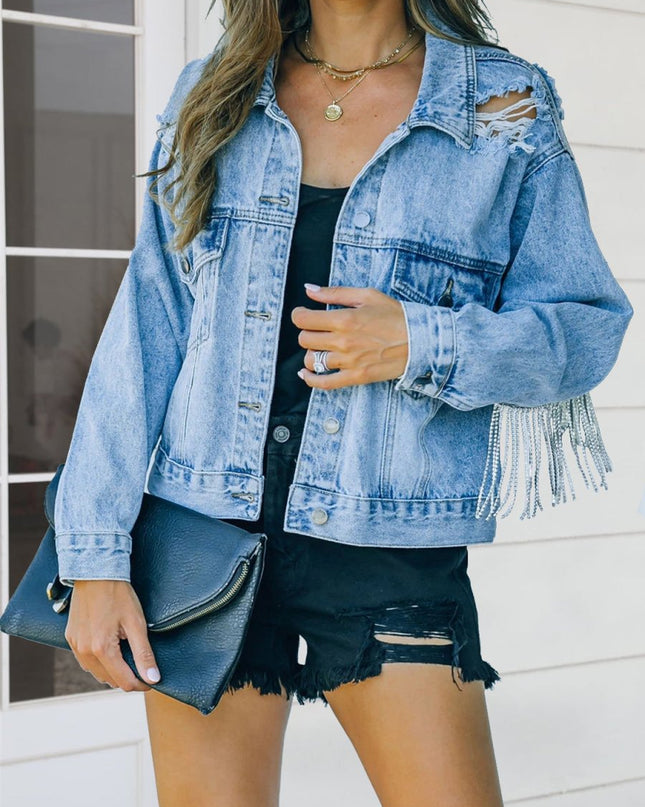 Distressed Fringe Denim Jacket - Trendsi