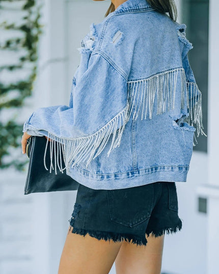 Distressed Fringe Denim Jacket - Trendsi
