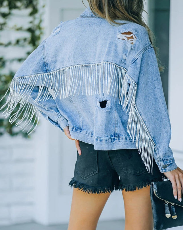 Distressed Fringe Denim Jacket - Trendsi