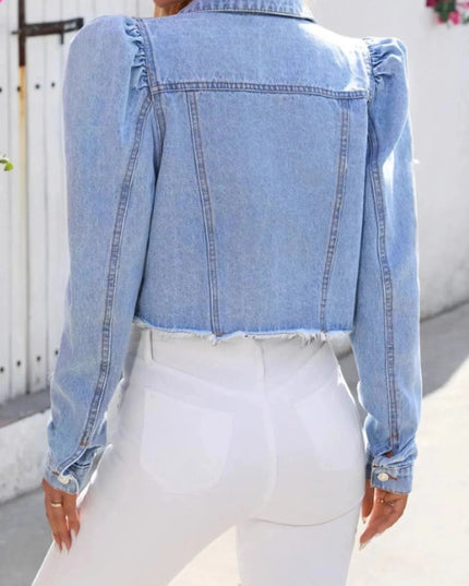 Distressed Puff Sleeve Wash Denim Jacket - Trendsi