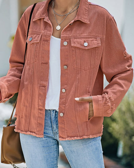 Distressed Raw Hem Denim Jacket - Trendsi