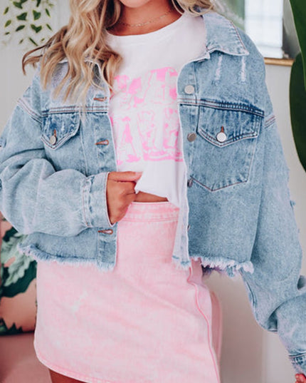 Distressed Raw Hem Denim Jacket - Trendsi