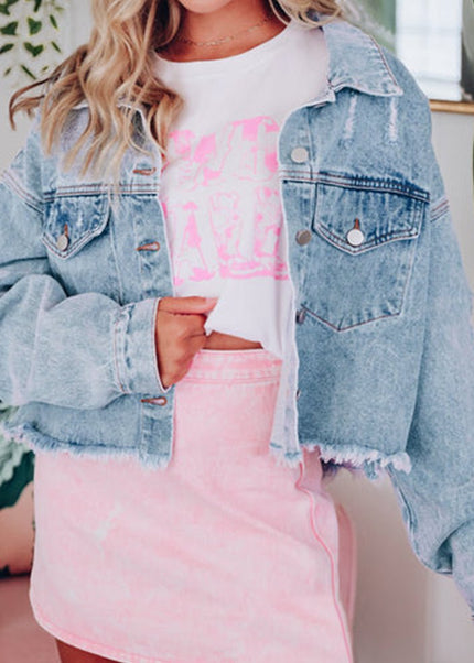 Distressed Raw Hem Denim Jacket - Trendsi