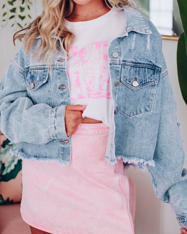 Distressed Raw Hem Denim Jacket - Trendsi