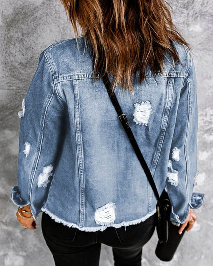 Distressed Raw Hem Denim Jacket - Trendsi