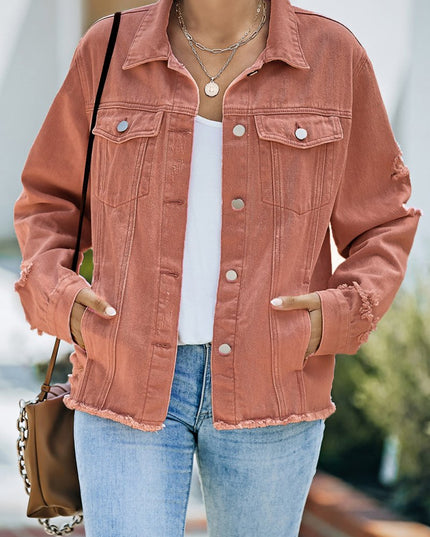 Distressed Raw Hem Denim Jacket - Trendsi