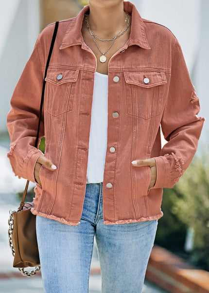 Distressed Raw Hem Denim Jacket - Trendsi