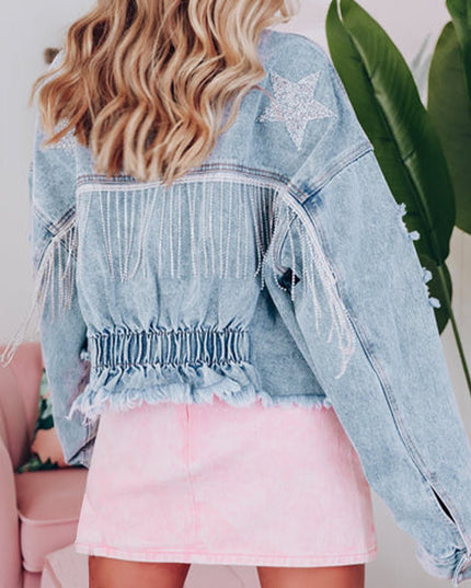 Distressed Raw Hem Denim Jacket - Trendsi