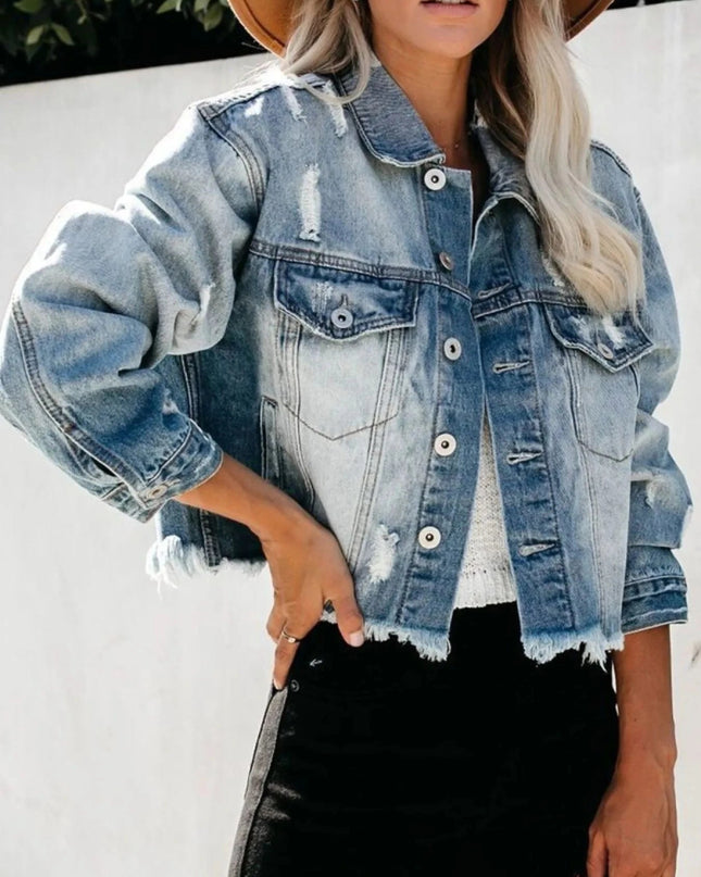 Distressed Raw Hem Denim Jacket - Trendsi