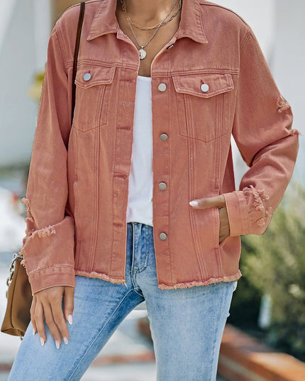 Distressed Raw Hem Denim Jacket - Trendsi