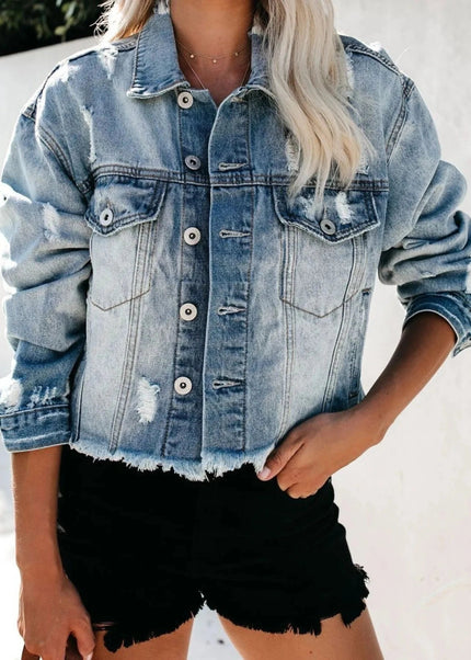 Distressed Raw Hem Denim Jacket - Trendsi