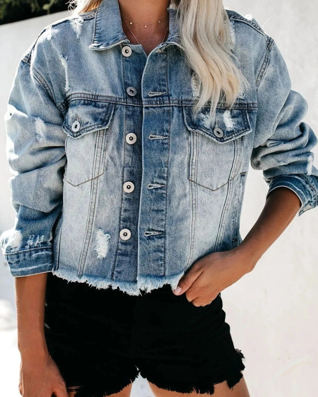 Distressed Raw Hem Denim Jacket - Trendsi