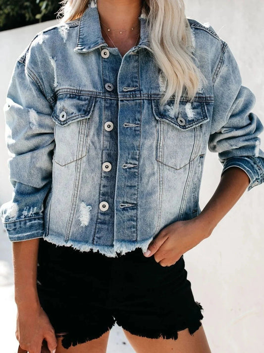 Distressed Raw Hem Denim Jacket - Trendsi