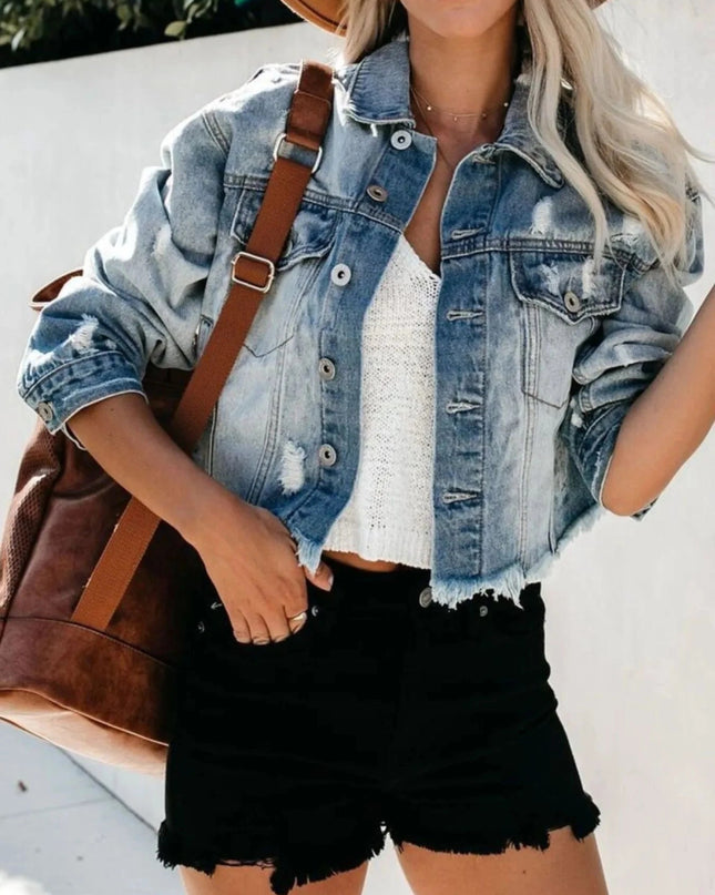 Distressed Raw Hem Denim Jacket - Trendsi