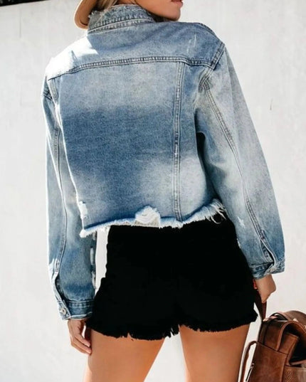 Distressed Raw Hem Denim Jacket - Trendsi