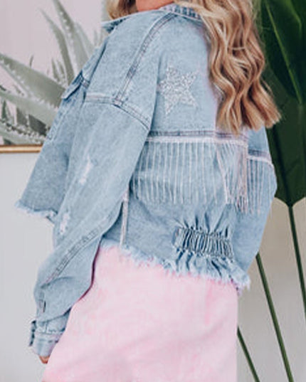 Distressed Raw Hem Denim Jacket - Trendsi