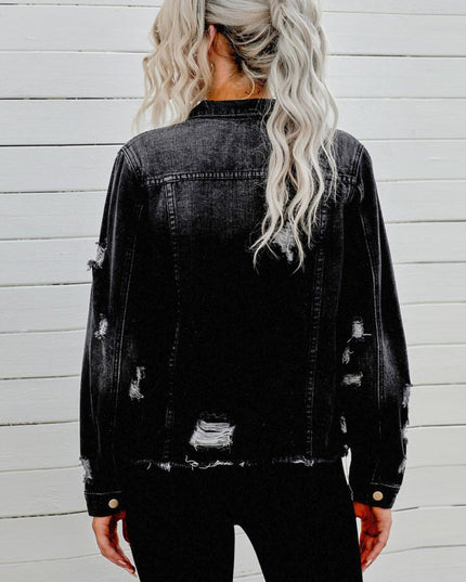 Distressed Raw Hem Denim Jacket - Trendsi