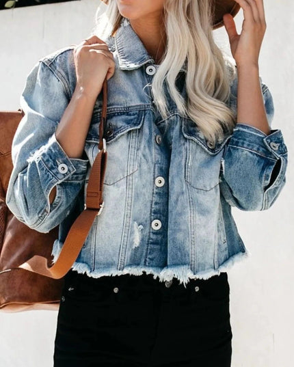 Distressed Raw Hem Denim Jacket - Trendsi