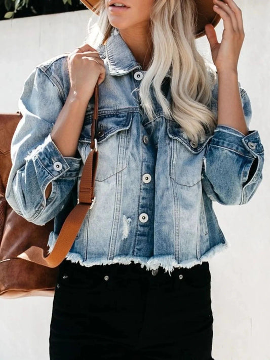 Distressed Raw Hem Denim Jacket - Trendsi