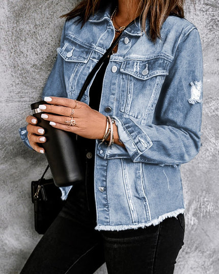 Distressed Raw Hem Denim Jacket - Trendsi