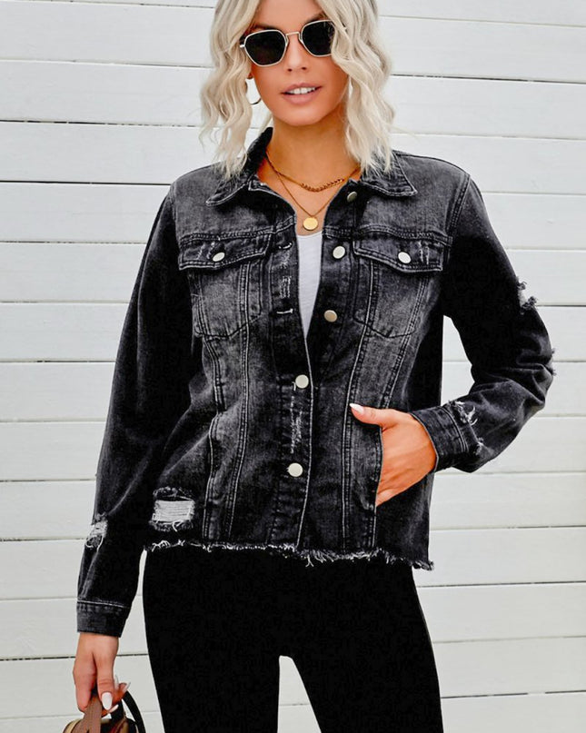Distressed Raw Hem Denim Jacket - Trendsi