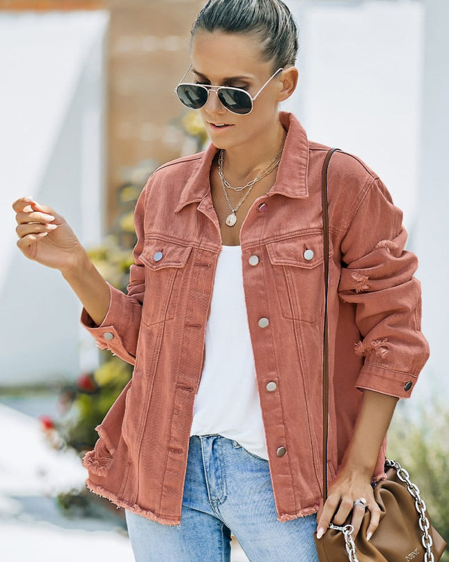 Distressed Raw Hem Denim Jacket - Trendsi